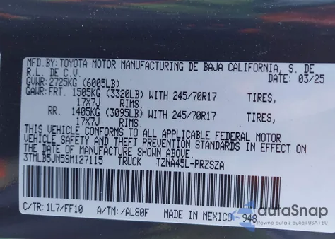 2025 Toyota Tacoma Sr5 from USA, damaged, VIN 3TMLB5JN5SM127115